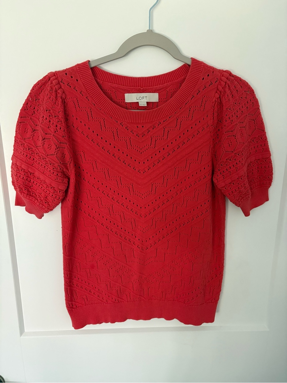 LOFT Coral Short Puff Sleeve Eyelet Knit Top